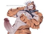 abs anthro balls digital_drawing_(artwork) digital_media_(artwork) erection eyepatchedfloof felid fur genitals hair hi_res male mammal muscular muscular_anthro muscular_male navel nipple_piercing nipples pantherine piercing simple_background tiger white_background