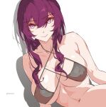  1girl bare_shoulders bikini commentary criss-cross_halter grey_bikini halterneck hashtag_only_commentary highres honkai:_star_rail honkai_(series) kafka_(honkai:_star_rail) kili_kilio long_hair looking_at_viewer navel purple_eyes purple_hair simple_background smile solo stomach swimsuit upper_body white_background 