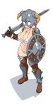  1girl abs amulet armored_boots bikini blush_stickers boots breasts closed_mouth commentary dovahkiin dovakini-chan fake_horns female_pubic_hair full_body gauntlets helmet highres holding holding_shield holding_sword holding_weapon horned_helmet horns jewelry large_breasts muscular muscular_female navel necklace nisetanaka no_pupils orange_hair ponytail pubic_hair shield simple_background smile solo stomach string_bikini swimsuit sword symbol-only_commentary the_elder_scrolls the_elder_scrolls_v:_skyrim weapon white_background white_bikini white_eyes 