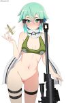  1girl absurdres ass_visible_through_thighs bare_arms bare_shoulders blush breasts bullet cowboy_shot frown green_eyes green_hair grey_scarf gun hair_ornament hairclip highres medium_breasts navel pussy rifle roswell_ss scarf shiny_skin simple_background sinon sniper_rifle solo sword_art_online thigh_strap weapon 