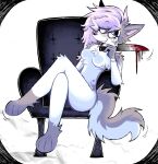 anthro breasts canid canine cheek_tuft crossed_legs facial_tuft female hi_res holding_knife holding_object knife mammal sitting smile solo spitthesauce tuft