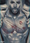  1boy bare_chest bite_mark bleeding blood hickey highres injury jacket katou_teppei kekkai_sensen lipstick_mark nipples open_clothes open_jacket realistic signature solo spot_color tongue tongue_out zap_renfro 