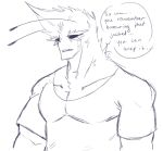 antennae_(anatomy) anthro arthropod butterfly clothed clothing dark_sclera dialogue digital_media_(artwork) edward_kamil_thorne english_text eyelashes insect lepidopteran male muscular muscular_male pecs scarythesustire shirt simple_background sketch solo speech_bubble teeth text topwear