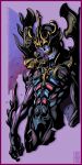  1boy armor artist_name character_name garo:_the_one_who_inherits_steel garo_(series) monster moruko no_humans purple_background sharp_teeth skull solo teeth tokusatsu 