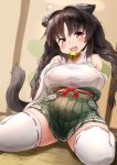  1girl :d absurdres anchor_hair_ornament animal_ears azur_lane bangs bare_shoulders bell bell_choker black_hair blurry blurry_background blush braid breasts brown_eyes choker commentary_request depth_of_field detached_sleeves eyebrows_visible_through_hair fang green_skirt hair_intakes hair_ornament highres japanese_clothes jingle_bell kimono kyabe_tsuka large_breasts long_hair long_sleeves looking_at_viewer on_floor ooshio_(azur_lane) open_mouth pleated_skirt red_choker ribbon-trimmed_legwear ribbon_trim sitting skirt sleeveless sleeveless_kimono sleeves_past_fingers sleeves_past_wrists smile solo tail thighhighs thighs twin_braids twintails very_long_hair wariza white_kimono white_legwear white_sleeves 