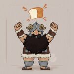  1boy arms_up beard blank_stare bread brown_hair cheekypockets clenched_hands deformed dungeon_meshi dwarf empty_eyes facial_hair fake_horns floating floating_object food full_body helmet highres horned_helmet horns loaf_of_bread long_beard looking_at_viewer male_focus senshi_(dungeon_meshi) solo standing thick_mustache very_long_beard 