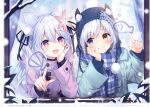  2girls absurdres ahoge blue_eyes blush branch brown_eyes buttons closed_mouth coat hair_ornament hand_on_own_face hand_up heterochromia highres looking_to_the_side multiple_girls open_mouth original page_number pom_pom_(clothes) purple_eyes scan scarf smile snow snowing tsunako twintails upper_body white_hair window winter_clothes winter_coat 
