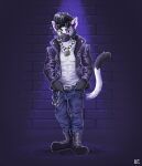 absurd_res alley anthro belt boots bottomwear cigarette clothing denim denim_bottomwear denim_clothing eyewear felid feline footwear hi_res jacket jeans katxfish male mammal pants pecs smoke smoking solo sunglasses topwear