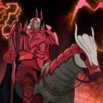  1boy armor axe barding battle_axe fake_horns fire_emblem fire_emblem_awakening full_armor greaves helmet highres horned_helmet horns horseback_riding male_focus matchanosuke_fe red_armor riding shoulder_pads solo walhart_(fire_emblem) weapon 