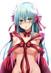  1girl bare_shoulders blush bow breasts choker dragon_girl dragon_horns fate/grand_order fate_(series) green_hair hair_bow horns kiyohime_(fate) long_hair looking_at_viewer medium_breasts multiple_horns naked_ribbon navel open_mouth red_ribbon ribbon sen_(astronomy) solo yellow_eyes 