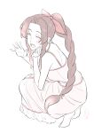  1girl absurdres aerith_gainsborough bare_arms bare_shoulders barefoot braid braided_ponytail breasts brown_hair closed_eyes dress final_fantasy final_fantasy_vii final_fantasy_vii_remake from_above full_body hair_ribbon hand_on_own_face highres kobayashi_chizuru light_blush long_dress long_hair medium_breasts open_mouth parted_bangs pink_dress pink_ribbon pink_theme ribbon sidelocks single_braid smile solo squatting waving white_background 