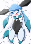  2019 3_toes ambiguous_gender black_bowtie black_nose blue_body blue_eyes blue_fur blush bow_tie bunny_costume clothed clothing costume eeveelution feral fur glaceon harusupu hi_res leg_markings lying mammal markings navel nintendo on_back open_mouth pok&eacute;mon pok&eacute;mon_(species) quadruped simple_background socks_(marking) solo toes two_tone_tails video_games 