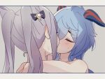  2girls arms_around_neck blue_hair blush closed_eyes commentary_request ear_blush ganyu_(genshin_impact) genshin_impact grey_background hickey highres horns keqing_(genshin_impact) kiss multiple_girls nude purple_hair simple_background sweatdrop twintails upper_body wu_qin_(gyxx_04) yuri 