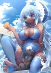  1girl absurdres artist_request bare_shoulders beach_umbrella blue_eyes blue_one-piece_swimsuit blue_thighhighs breasts cleavage cloud collarbone criss-cross_halter crossed_bangs dark-skinned_female dark_skin dog facial_mark fins fish_tail food grey_hair hair_between_eyes halterneck head_fins highres holding holding_ice_cream_cone ice_cream ice_cream_cone ice_cream_cone_spill indie_virtual_youtuber large_breasts long_hair o-ring o-ring_thigh_strap one-piece_swimsuit second-party_source shark_girl shark_tail sky solo swimsuit tail thigh_strap thighhighs toes trinity_(vtuber) umbrella water wet whisker_markings 