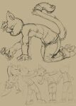 absurd_res all_fours anthro arm_tuft bottomwear clothed clothing domestic_cat elbow_tuft eyes_closed felid feline felis flower front_view hi_res male mammal monochrome oselotti oselotti_(character) pants plant rear_view rose_(flower) side_view simple_background sketch_page solo topless tuft
