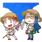  2girls alternate_costume bag bandaid bandaid_on_knee bandaid_on_leg black_eyes blue_background blue_footwear blue_hair blush border breasts butterfly_net chibi cloud commentary_request denim double_bun fang full_body glasses goki_(voicevox) hair_bun half-closed_eyes hand_net hat highres holding holding_butterfly_net insect_cage jeans kuron_(uhhr2odhrppc5nw) large_breasts long_hair looking_up multiple_girls no_socks onikko_hunter_tsuina-chan open_mouth outside_border pants pink_hair pointy_ears ponytail red_shorts sandals shade shirt shoes short_shorts short_sleeves shorts shoulder_bag smile standing straw_hat summer sun_hat sweat t-shirt tank_top towel towel_around_neck tsuina-chan voiceroid voicevox white_border white_shirt white_tank_top yellow_eyes |_| 
