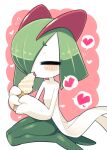 closed_eyes food green_hair hair_over_one_eye heart highres holding holding_food holding_ice_cream horns ice_cream ice_cream_cone ino_(tellu0120) kirlia pink_background pokemon pokemon_(creature) seiza sidelocks simple_background sitting tongue tongue_out 