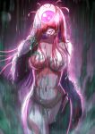  1girl absurdres arema breasts colored_skin cyclops gauntlets glowing glowing_eye highres large_breasts long_hair looking_at_viewer monster_girl navel nude one-eyed original pink_skin purple_eyes rain red_hair solo tongue tongue_out wet 