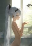  ai-generated bathroom blue_eyes hands_up high_ponytail highres non-web_source nude ornament ponytail shower_(place) shower_head showering steam tagme white_hair 