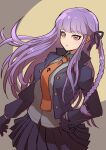  1girl absurdres black_gloves black_jacket black_ribbon black_skirt braid collared_shirt cowboy_shot danganronpa:_trigger_happy_havoc danganronpa_(series) eyelashes gloves hair_ribbon hand_on_own_hip highres jacket kirigiri_kyoko long_hair necktie purple_eyes purple_hair red_necktie ribbon shirt side_braid skirt solo white_shirt youko-shima 