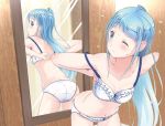  1girl bangs blue_eyes blue_hair bra breasts collarbone commentary_request dressing frilled_bra frilled_panties frills indoors kantai_collection long_hair looking_back mirror mirror_image navel one_eye_closed panties samidare_(kantai_collection) sidelocks small_breasts solo strap_slip sweatdrop swept_bangs underwear very_long_hair wall white_bra white_panties yokoshima_(euphoria) 