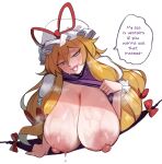  1girl alternate_breast_size blonde_hair blush breasts hat hat_ribbon highres huge_breasts huge_nipples lightsource lips long_hair looking_at_viewer mob_cap narrowed_eyes naughty_face nipples open_mouth parted_lips portal_(object) purple_eyes ribbon seductive_smile smile solo sweat touhou yakumo_yukari 