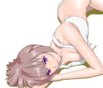  1girl back bad_drawr_id bad_id bare_arms breasts brown_hair character_request cleavage closed_mouth copyright_request francine_(daijaemon) lying medium_breasts oekaki on_side panties purple_eyes shirt short_hair simple_background solo tank_top underwear white_panties white_shirt 