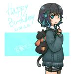  1girl animal_bag backpack bag black_hair blue_background blue_eyes blue_hair blue_ribbon blue_sweater cat_bag character_name closed_mouth collared_shirt colored_inner_hair cowboy_shot dated from_side grey_shorts hair_ribbon happy_birthday highres holding_strap kuron_(uhhr2odhrppc5nw) layered_clothes long_sleeves looking_to_the_side miyamai_moca multicolored_hair ribbon shirt short_hair short_shorts shorts shoulder_strap simple_background solo standing sweater voicepeak white_background white_shirt 