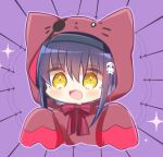  1girl alternate_costume animal_ear_hood animal_ears animal_print black_hair black_hairband blush bow cat_ears cat_print chibi commentary_request cosplay hair_between_eyes hairband halloween_costume happy highres hood hood_up kigurumi kushima_kamome looking_at_viewer open_mouth purple_background red_bow simple_background skull_and_crossbones sleeves_past_wrists smile solo sparkle striped_bow summer_pockets upper_body utuigawa yellow_eyes 