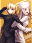 2girls ;d absurdres aqua_eyes artoria_pendragon_(fate) back-to-back black_gloves black_jacket black_necktie black_pants blonde_hair closed_mouth coat fate/grand_order fate/zero fate_(series) gloves grey_hair hat highres hisato_nago irisviel_von_einzbern jacket locked_arms long_hair long_sleeves looking_at_viewer multiple_girls necktie one_eye_closed open_mouth pant_suit pants ponytail red_eyes saber_(fate) smile straight_hair suit sweatdrop very_long_hair white_coat yellow_background 