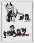  2girls 4boys aak_(arknights) animal_ear_piercing animal_ears arknights ascot black_ascot black_coat black_dress black_hat black_horns black_nails cat cat_ears chained_sarkaz_girl chinese_clothes coat cropped_torso cuffs doctor_(arknights) dog_ears dragon_boy dress earrings goggles goggles_on_head grey_background grey_hair hair_over_one_eye horns hung_(arknights) jewelry lee_(arknights) multiple_boys multiple_girls pointy_ears ponytail red_eyes shackles sirakaro slit_pupils smile tail teapot tiger_girl translation_request vial waai_fu_(arknights) 