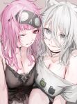  2girls absurdres animal_ears bare_shoulders black_nightgown breasts choker cleavage commentary_request grey_eyes grey_hair grin hair_between_eyes highres hololive hololive_english lingerie lion_ears long_hair looking_at_viewer loungewear mori_calliope mori_calliope_(sleepwear) multiple_girls nightgown official_alternate_costume pink_eyes pink_hair shirt shishiro_botan shishiro_botan_(casual) sleep_mask smile toro3 underwear virtual_youtuber white_shirt 
