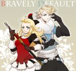  1boy 1girl blonde_hair blue_eyes bow bravely_default:_flying_fairy bravely_default_(series) breasts closed_mouth commentary_request edea_lee elbow_gloves gloves hair_bow katana long_hair looking_at_viewer ringabel senbe_(motimotio) sword weapon 