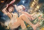  2girls absurdres ahoge animal_ears auro_drm black_hair blonde_hair braid breasts copyright_name dutch_angle english_commentary feet food fruit fu_ji full_moon highres kaguyahime_(mahjong_soul) lantern legs logo looking_at_viewer mahjong_soul medium_breasts moon multiple_girls naked_towel night night_sky official_art onsen open_mouth orange_(fruit) rabbit_ears red_eyes red_ribbon ribbon second-party_source sitting sky smile splashing teeth towel upper_teeth_only white_hair 