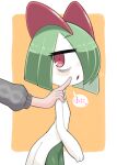  1girl bags_under_eyes colored_skin from_side gloria_(pokemon) green_hair grey_sweater hair_over_one_eye hand_on_another&#039;s_cheek hand_on_another&#039;s_face highres horns ino_(tellu0120) kirlia looking_back multicolored_skin orange_background out_of_frame pink_eyes pokemon pokemon_(creature) sidelocks square sweater two-tone_skin white_skin 