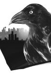  animal animal_focus beak bird building cityscape close-up commentary crow english_commentary from_side greyscale monochrome no_humans original outdoors raseruuu realistic upper_body 