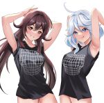  2girls :p absurdres armpits bare_legs black_shirt blue_hair blush breasts brown_hair commentary drop-shaped_pupils english_commentary flower-shaped_pupils furina_(genshin_impact) genshin_impact heterochromia highres hu_tao_(genshin_impact) iloli_(rumw7235) light_blue_hair long_hair looking_at_viewer medium_breasts mesugaki multiple_girls no_pants presenting_armpit red_eyes shirt simple_background small_breasts smile symbol-shaped_pupils t-shirt teeth thighs tongue tongue_out white_background 