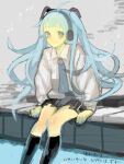 1girl ahoge alternate_hairstyle aqua_hair bad_drawr_id bad_id beamed_eighth_notes black_nails black_skirt black_thighhighs blue_eyes blue_hair closed_mouth collared_shirt eighth_note hatsune_miku headphones kima kneehighs long_hair long_sleeves looking_at_viewer musical_note necktie oekaki piano_keys shirt sitting skirt smile socks solo thighhighs translation_request twintails very_long_hair vocaloid white_shirt 