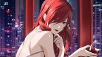  1girl alcohol backless_outfit bare_shoulders breasts closed_mouth cup drinking_glass hair_between_eyes hair_over_one_eye highres holding holding_cup kirijou_mitsuru lips lipstick long_hair looking_at_viewer makeup persona persona_3 red_eyes red_hair red_lips red_wine smile solo wanderstillart wine wine_glass 