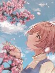  1girl blurry blurry_foreground blush brown_hair cherry_blossoms depth_of_field falling_petals hanetsuka highres idolmaster idolmaster_shiny_colors ikuta_haruki looking_up outdoors petals profile short_hair smile solo upper_body 
