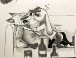  2018 4:3 ahiru621 anthro blush bodily_fluids canid canine clothed clothing disney drunk duo fox fully_clothed furniture inktober judy_hopps lagomorph leporid mammal nick_wilde rabbit red_fox sofa substance_intoxication sweat sweatdrop traditional_media_(artwork) wine_bottle zootopia 