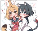  /\/\/\ 2girls :3 alternate_costume animal_ears black_hair blonde_hair blue_eyes blush bow bowtie candy cat_ears cat_tail commentary_request extra_ears eyebrows_visible_through_hair fang flying_sweatdrops food food_in_mouth kaban_(kemono_friends) kemono_friends long_sleeves looking_at_viewer multicolored_hair multiple_girls no_hat no_headwear pleated_skirt ransusan red_bow red_neckwear sailor_collar school_uniform serafuku serval_(kemono_friends) serval_ears serval_print serval_tail short_hair skirt sweatdrop tail tail_bow translation_request yellow_eyes 