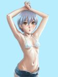  1girl armpits arms_up bad_drawr_id bad_id bikini bikini_top_only blue_background blue_hair blush breasts brown_eyes character_request closed_mouth copyright_request covered_nipples denim denim_shorts francine_(daijaemon) light_frown lips looking_at_viewer navel oekaki open_fly short_hair short_shorts shorts simple_background small_breasts solo swimsuit unzipped white_bikini 