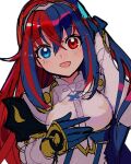  1girl :d absurdres alear_(female)_(fire_emblem) alear_(fire_emblem) blue_eyes blue_gloves blue_hair bow commentary crossed_bangs fire_emblem fire_emblem_engage gloves hair_between_eyes heterochromia highres kurimori long_hair looking_at_viewer multicolored_hair open_mouth red_eyes red_hair smile solo symbol-only_commentary two-tone_hair upper_body very_long_hair white_background white_bow 