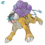  claws commentary_request full_body highres no_humans open_mouth orange_eyes oyasuminjyutsu pokemon pokemon_(creature) raikou signature simple_background solo tongue tusks white_background 