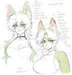 2024 anchovy_(cursedanchovy) anthro big_breasts breasts bust_portrait canid canine canis choker cleavage clothed clothing countershading cursedanchovy domestic_dog duo ear_piercing female fish fluffy fluffy_hair green_ear_tips green_ears hair hi_res hybrid inner_ear_fluff jewelry korean_text long_hair mammal marine middle_part mouth_closed multicolored_body multicolored_skin narrowed_eyes necklace papillon piercing pink_inner_ear portrait shark simple_background smile text topwear toy_dog tuft two_tone_body two_tone_face two_tone_skin vivy_(cursedanchovy) white_background white_inner_ear_fluff wolf yellow_eyes