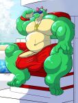 absurd_res anthro big_penis brawl_stars buzz_(brawl_stars) dinosaur genitals hi_res male male/male muscular muscular_male orcami_(artist) penis reptile scalie solo supercell_(company)