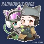  2girls absurdres animal_hands arknights baseball_cap black_gloves blue_background blue_eyes blush boots brown_eyes brown_footwear brown_hair brown_jacket camouflage camouflage_jacket cat_tail character_name chibi closed_mouth copyright_name ear_protection ela_(rainbow_six_siege) elbow_gloves gloves goggles goggles_on_headwear green_gloves green_hair green_pantyhose grey_hat grey_jacket hairtail hat headset helmet highres hood hood_down hooded_jacket jacket knee_pads knees_up looking_at_viewer multiple_girls outline pantyhose paw_gloves polka_dot polka_dot_background rainbow_six_siege simple_background sitting smile swept_bangs tail tongue tongue_out white_outline zofia_(rainbow_six_siege) 