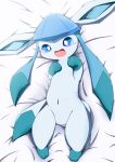  2019 3_toes ambiguous_gender black_nose blue_body blue_eyes blue_fur blush eeveelution featureless_crotch feral fur glaceon harusupu hi_res leg_markings lying mammal markings navel nintendo on_back open_mouth pok&eacute;mon pok&eacute;mon_(species) quadruped simple_background socks_(marking) solo toes two_tone_tail video_games 