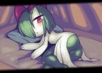  ass colored_skin green_hair hair_over_one_eye highres horns ino_(tellu0120) kirlia looking_at_viewer lying multicolored_skin on_side parted_lips pillow pink_eyes pokemon pokemon_(creature) sidelocks two-tone_skin white_skin 